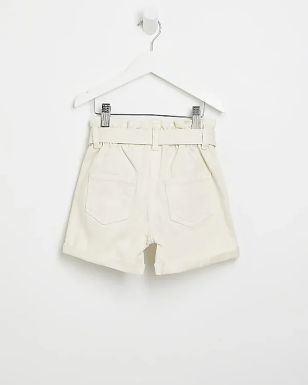 Mini girls ecru paperbag belted shorts