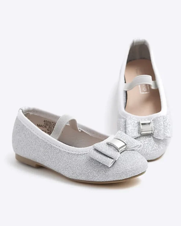 Mini girls silver glitter bow ballet pumps