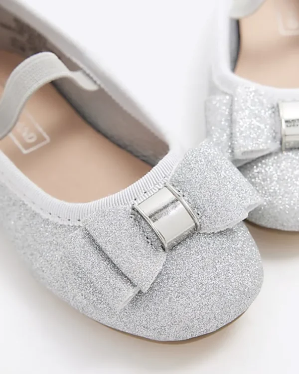 Mini girls silver glitter bow ballet pumps