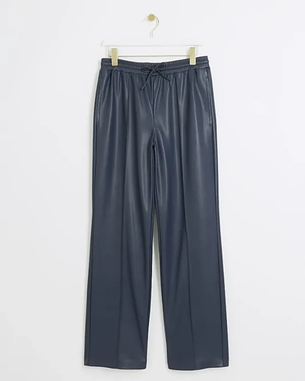 Navy faux leather wide leg trousers