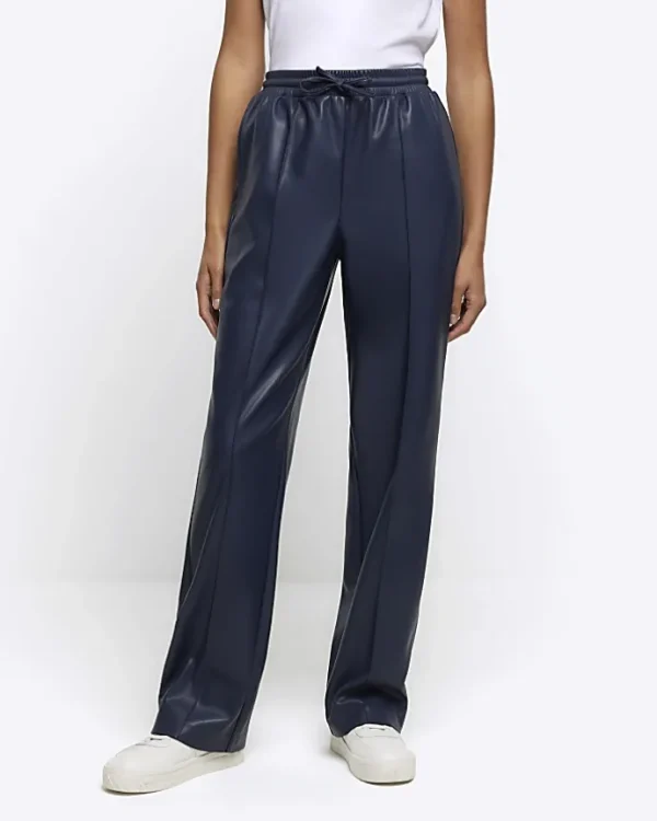 Navy faux leather wide leg trousers