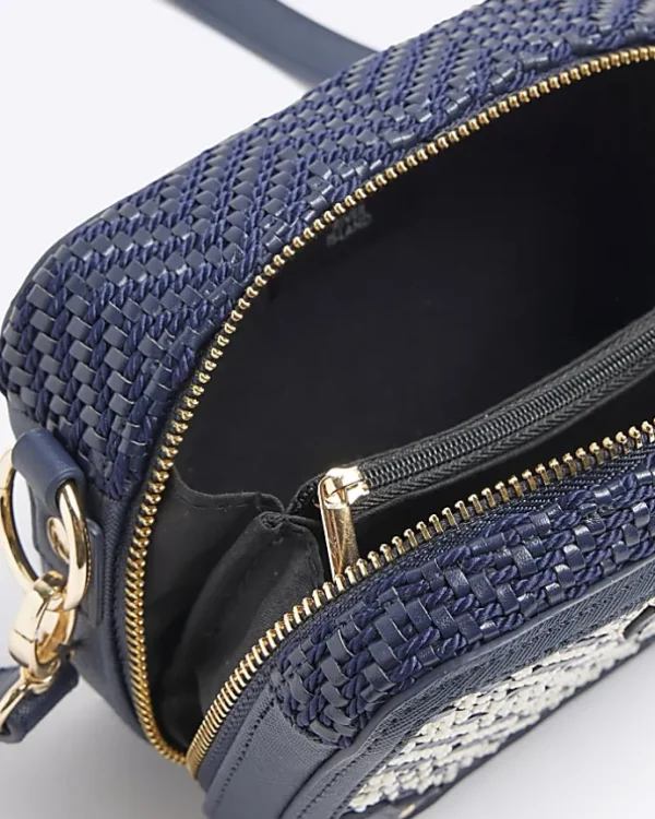 Navy Geometric Woven Cross Body Bag