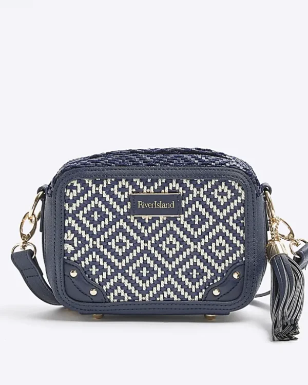 Navy Geometric Woven Cross Body Bag