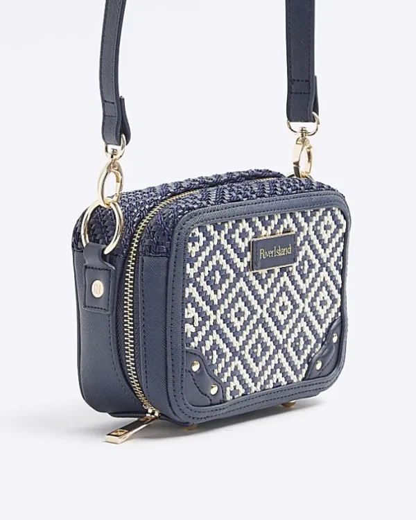 Navy Geometric Woven Cross Body Bag