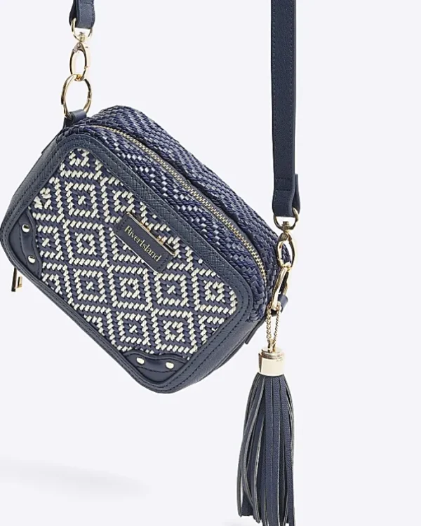 Navy Geometric Woven Cross Body Bag