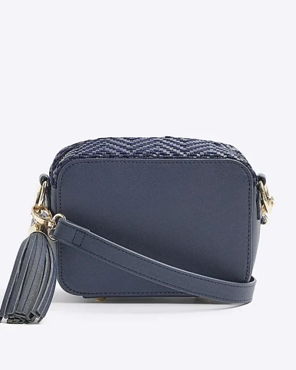 Navy Geometric Woven Cross Body Bag