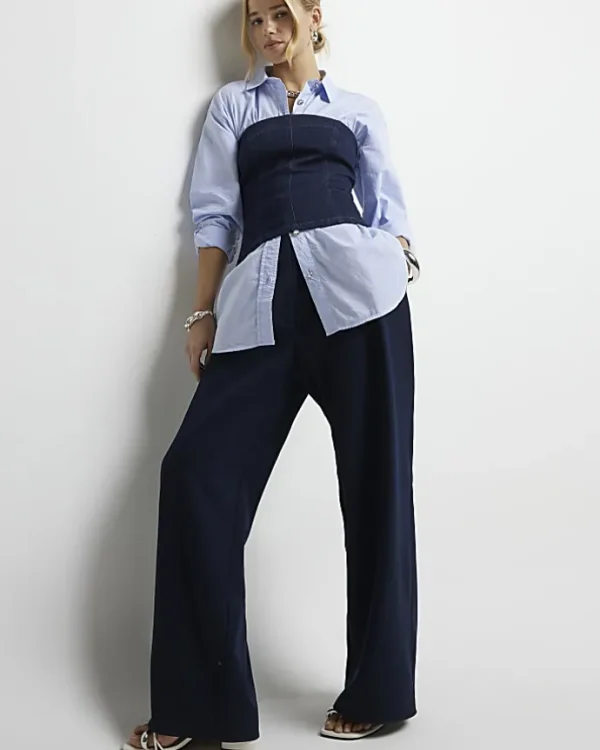 Navy high waisted wide leg trousers