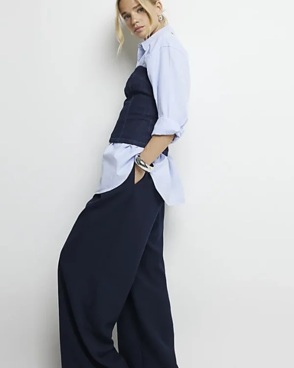 Navy high waisted wide leg trousers