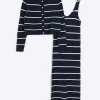 Navy knit stripe bodycon midi dress set