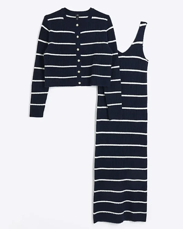 Navy knit stripe bodycon midi dress set