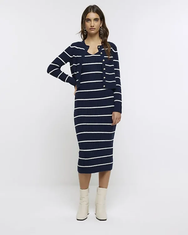 Navy knit stripe bodycon midi dress set