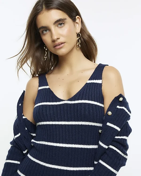 Navy knit stripe bodycon midi dress set