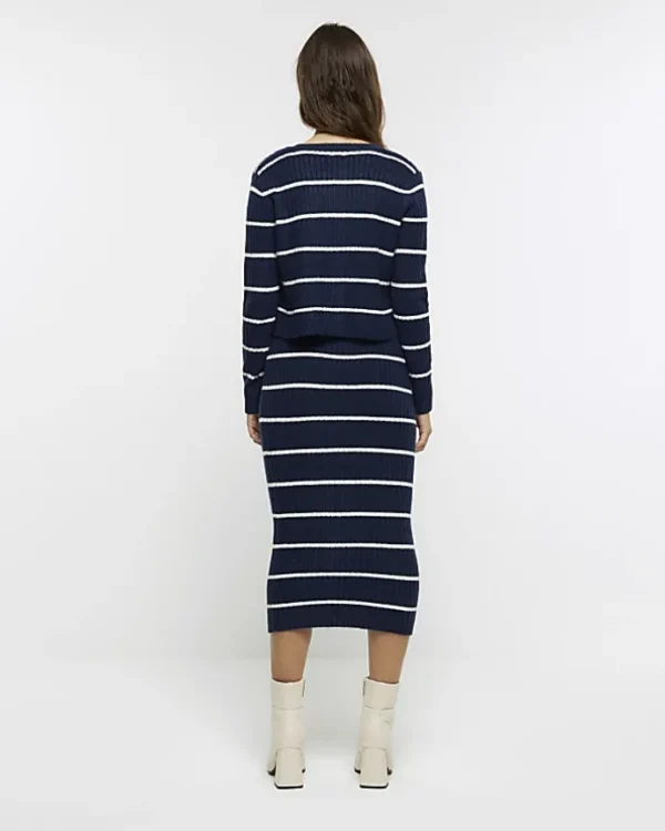 Navy knit stripe bodycon midi dress set