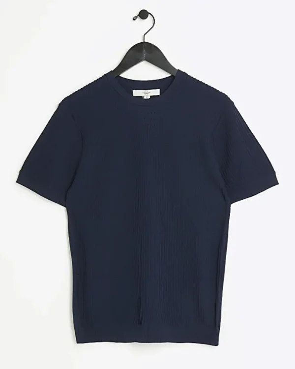 Navy muscle fit brick knit t-shirt