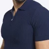 Navy muscle fit knitted half zip polo