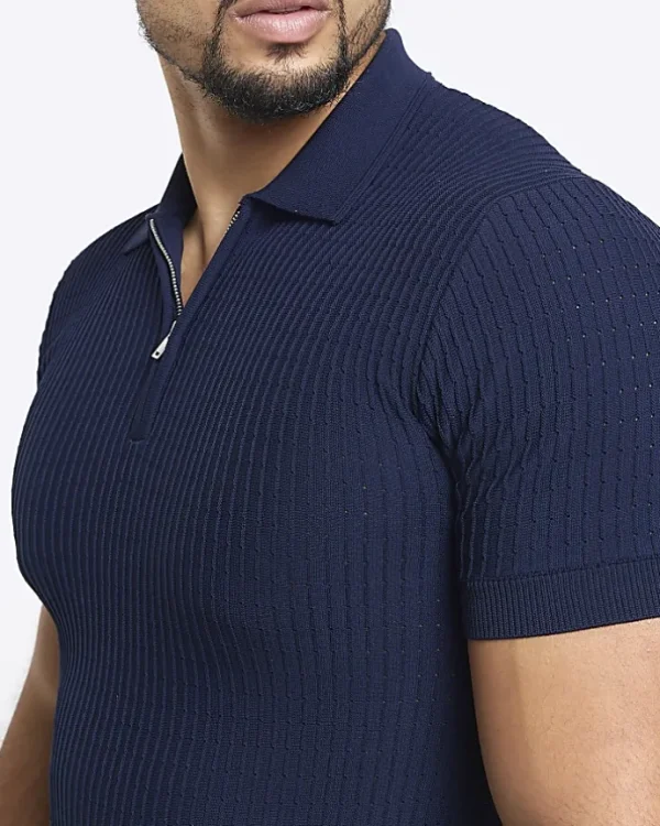 Navy muscle fit knitted half zip polo