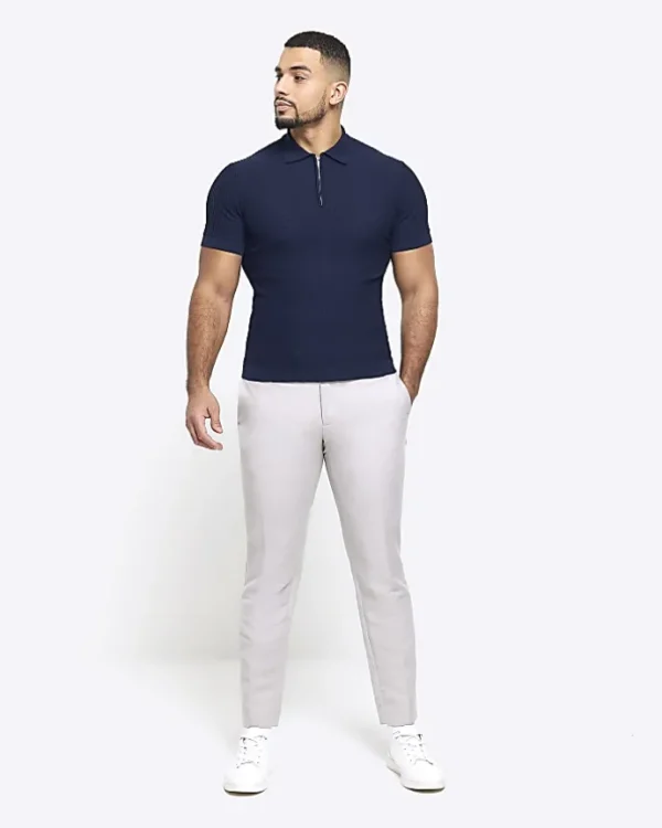 Navy muscle fit knitted half zip polo