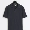 Navy muscle fit rib open collar polo