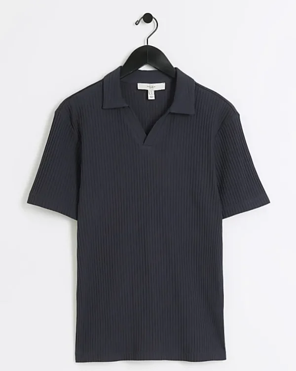 Navy muscle fit rib open collar polo