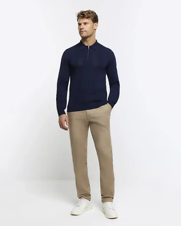 Navy muscle textured knit long sleeve polo