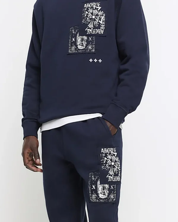 Navy regular fit gothic graphic sweatpants