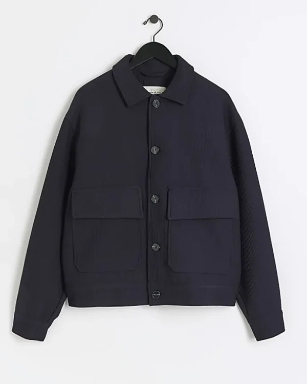 Navy regular fit plisse harrington jacket