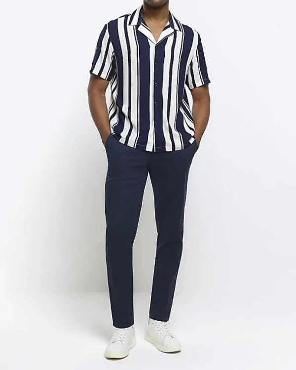 Navy regular fit stripe revere shirt