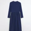 Navy rib long sleeve smock midi dress