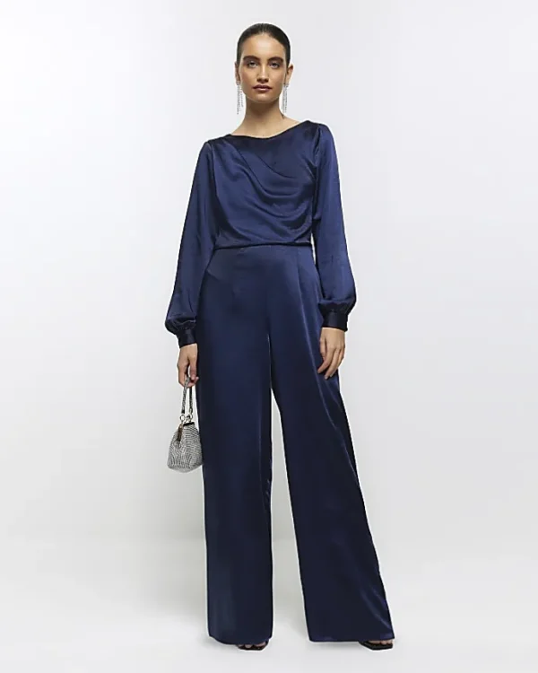 Navy satin open back jumpsuit