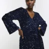 Navy sequin tie waist shift mini dress