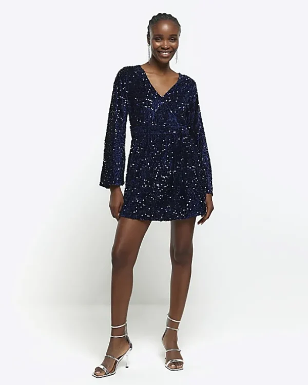 Navy sequin tie waist shift mini dress