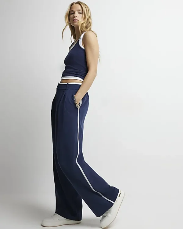 Navy side stripe wide leg trousers