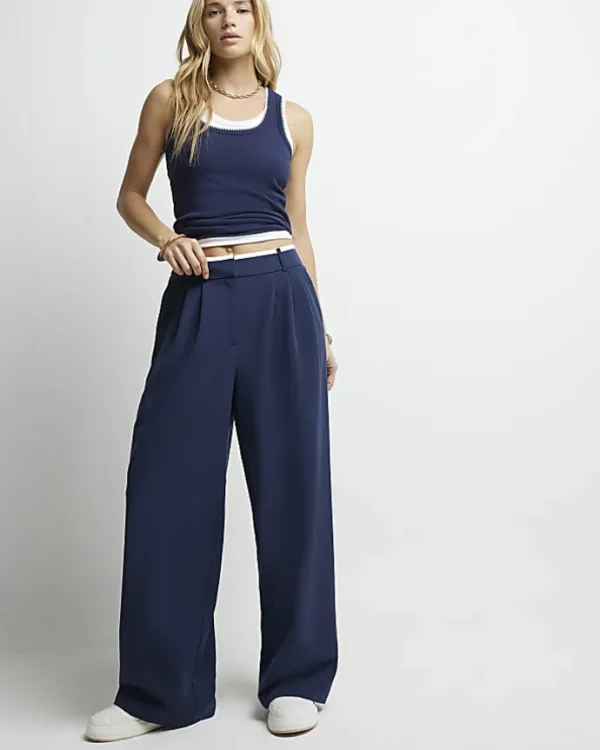 Navy side stripe wide leg trousers