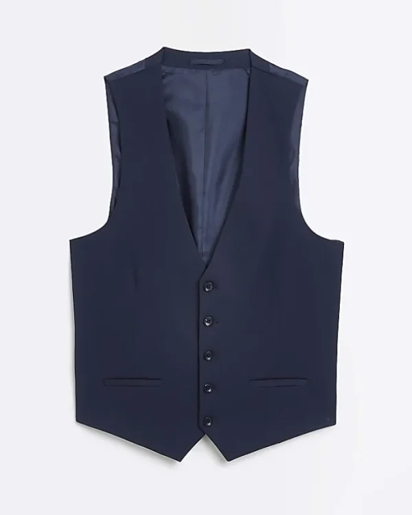 Navy skinny fit twill suit waistcoat