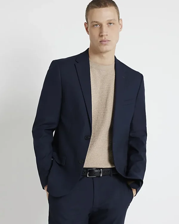 Navy skinny fit twill suit jacket