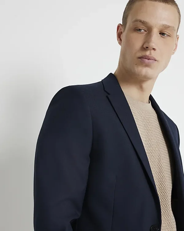 Navy skinny fit twill suit jacket