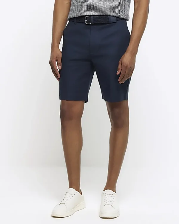 Navy slim fit belted chino shorts