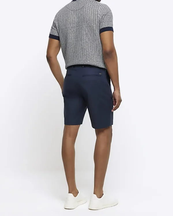 Navy slim fit belted chino shorts