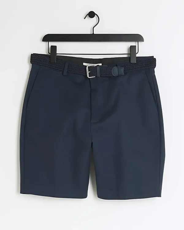 Navy slim fit belted chino shorts