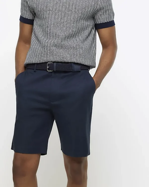 Navy slim fit belted chino shorts