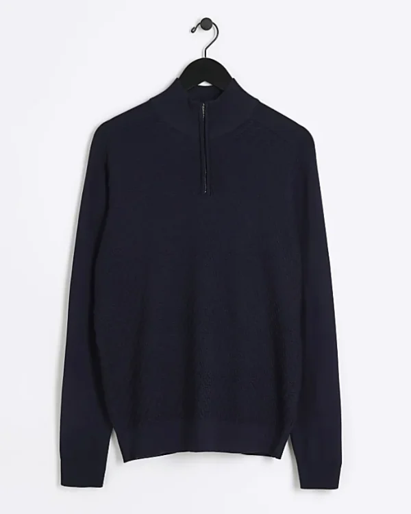 Navy slim fit diagonal half zip jumper