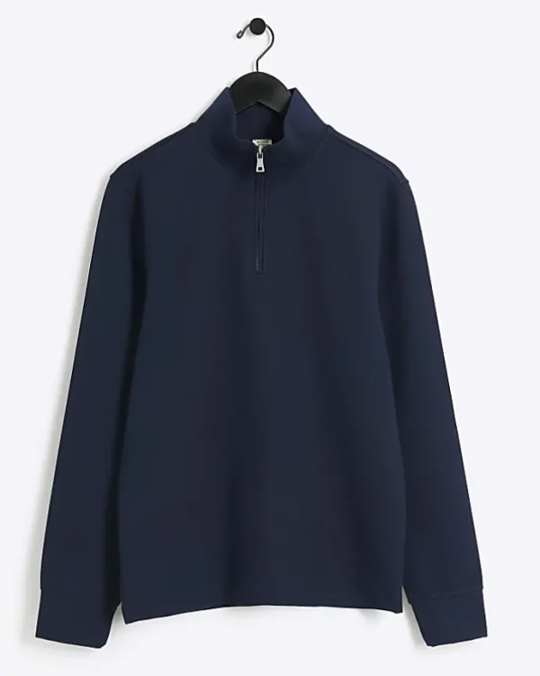 Navy slim fit textured funnel sweatshirt