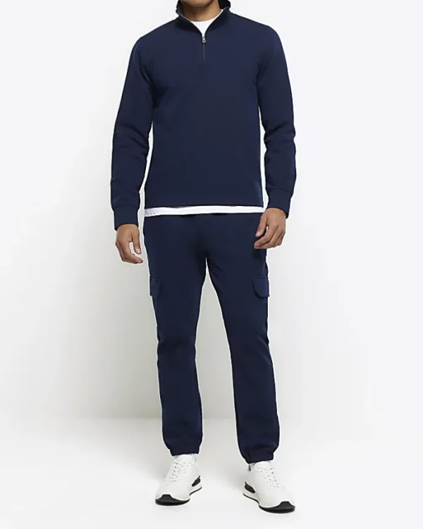 Navy slim fit textured funnel sweatshirt