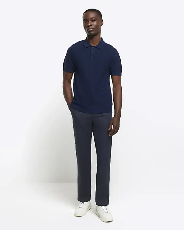 Navy slim fit textured knit polo