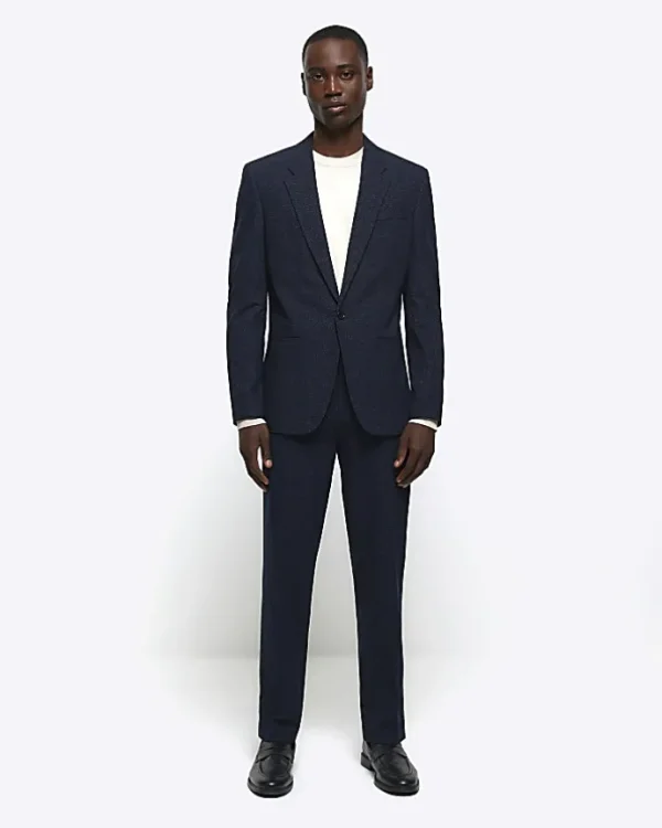 Navy slim fit textured suit jacket