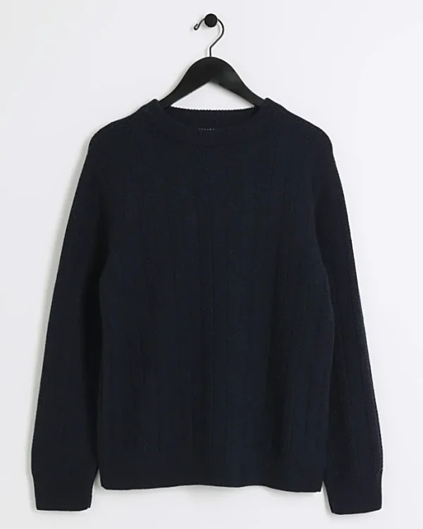 Navy slim fit wool blend crew jumper