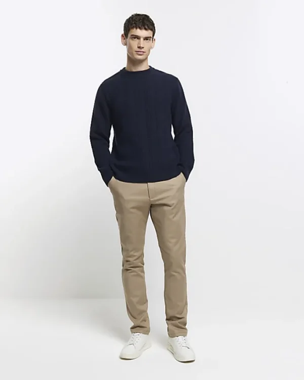 Navy slim fit wool blend crew jumper