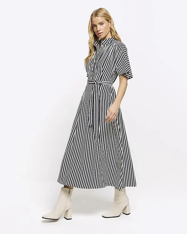 Navy stripe belted midi shirt dress