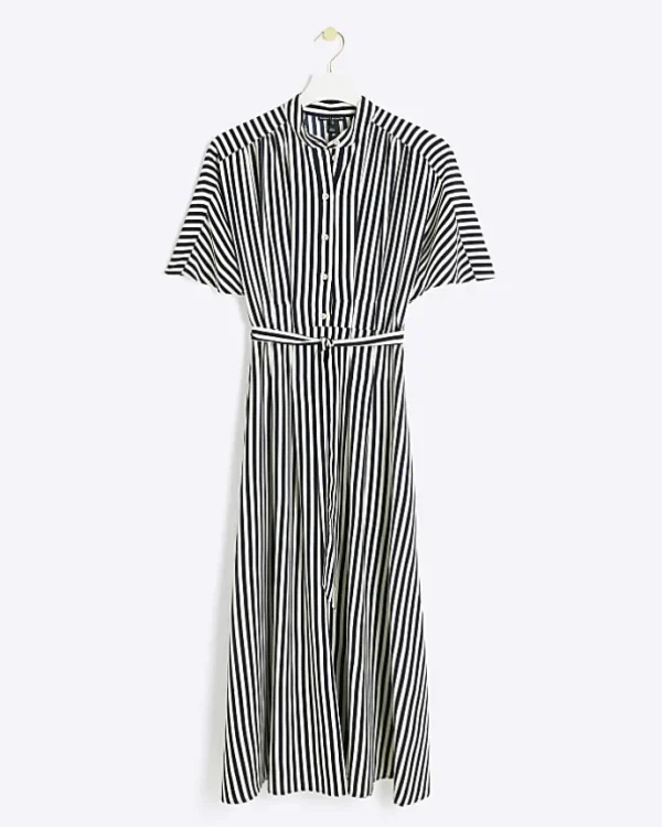 Navy stripe belted midi shirt dress