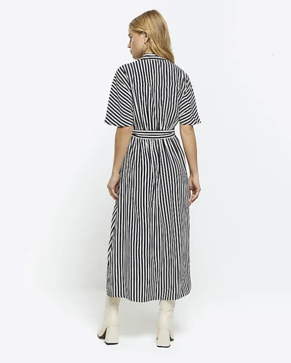 Navy stripe belted midi shirt dress